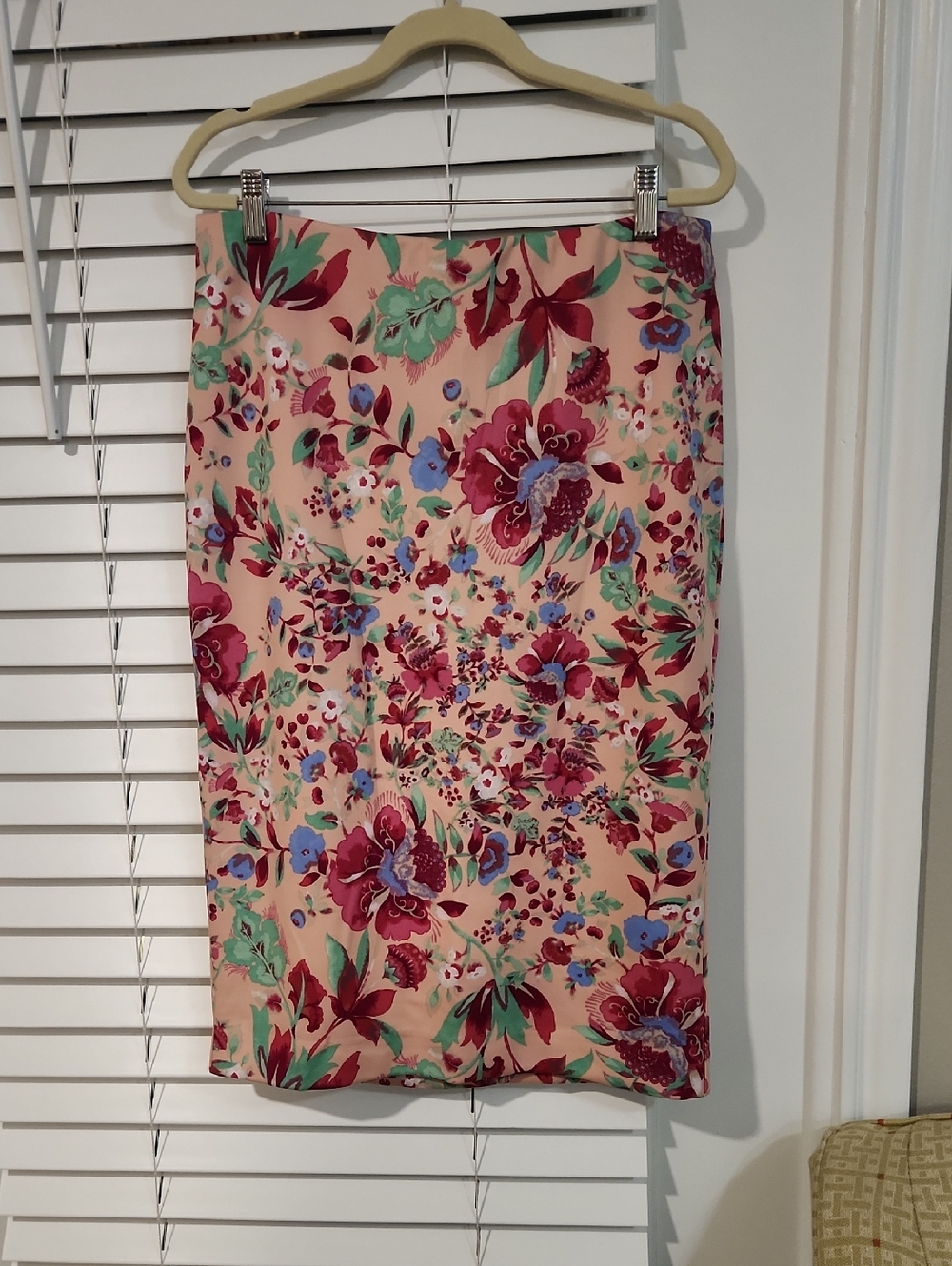New York & Company Floral Pencil Skirt in Peach, Burgundy, Teal, and Blue